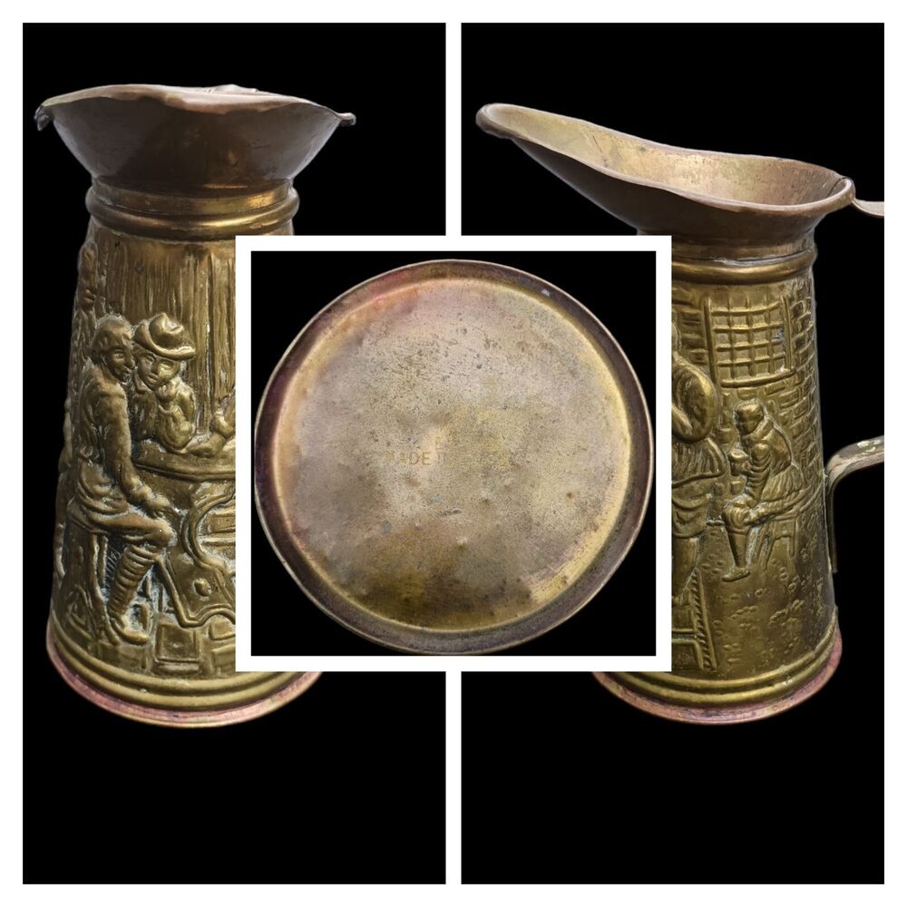 1900s 🍻BRASS Peerage Pub Scene Pitcher England English Metal Hammered Embossed